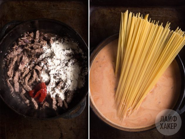 Рецепт пасты с говядиной в томатно-сливочном соусе: перемешайте содержимое сковороды и добавьте спагетти