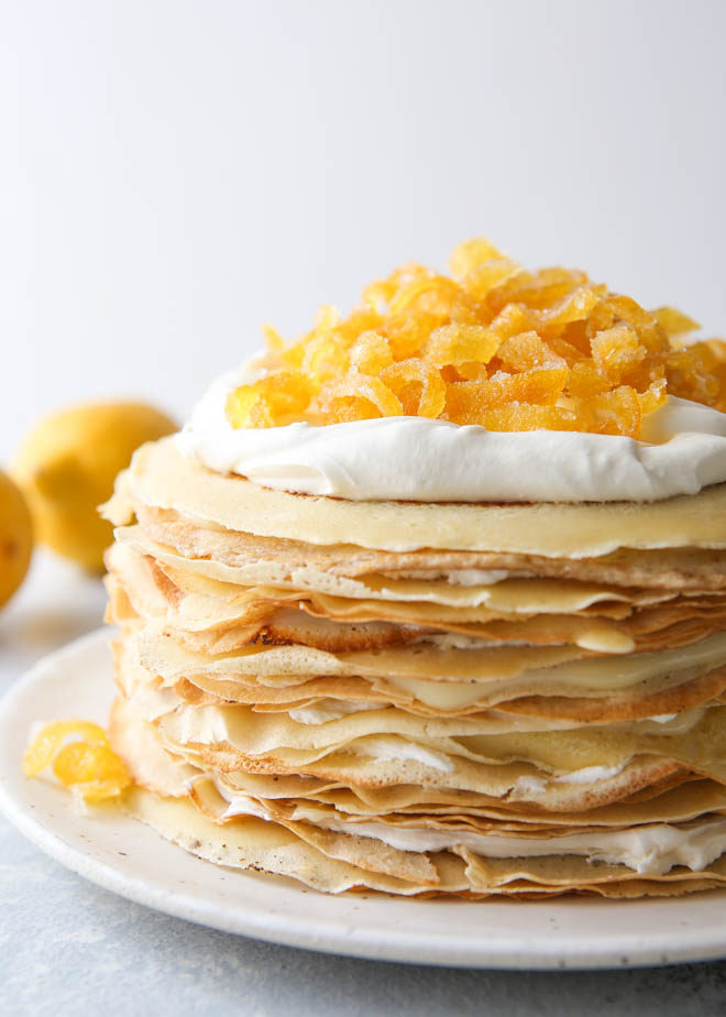 Lemon mascarpone crepe cake up close