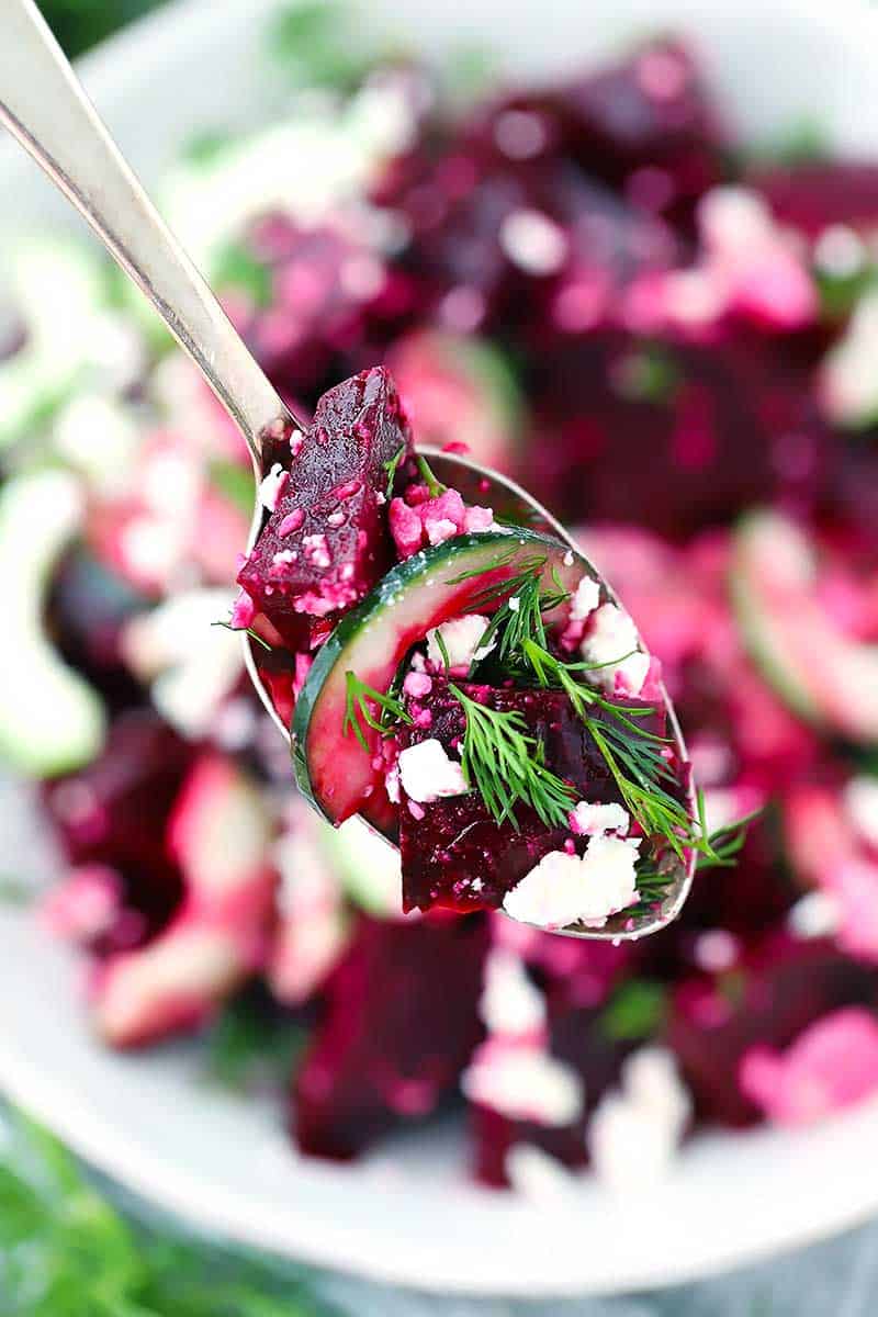 This Beet Salad with Feta, Cucumbers, and Dill takes only 10 minutes to make and is packed with sweet, salty, and tangy flavors. You can use roasted or canned beets for this easy vegetarian side.