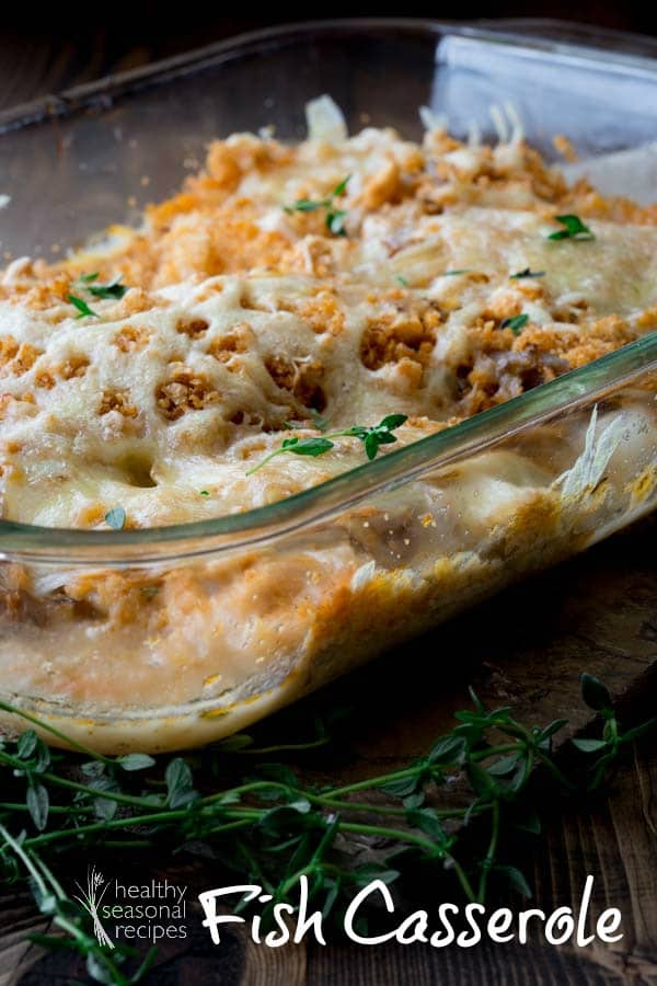 Caramelized Onion, Fish and Swiss Cheese Casserole with breadcrumbs and white wine less than 300 calories 
