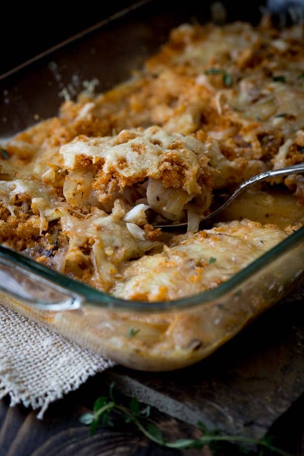 Caramelized Onion, Fish and Swiss Cheese Casserole with breadcrumbs and white wine less than 300 calories 