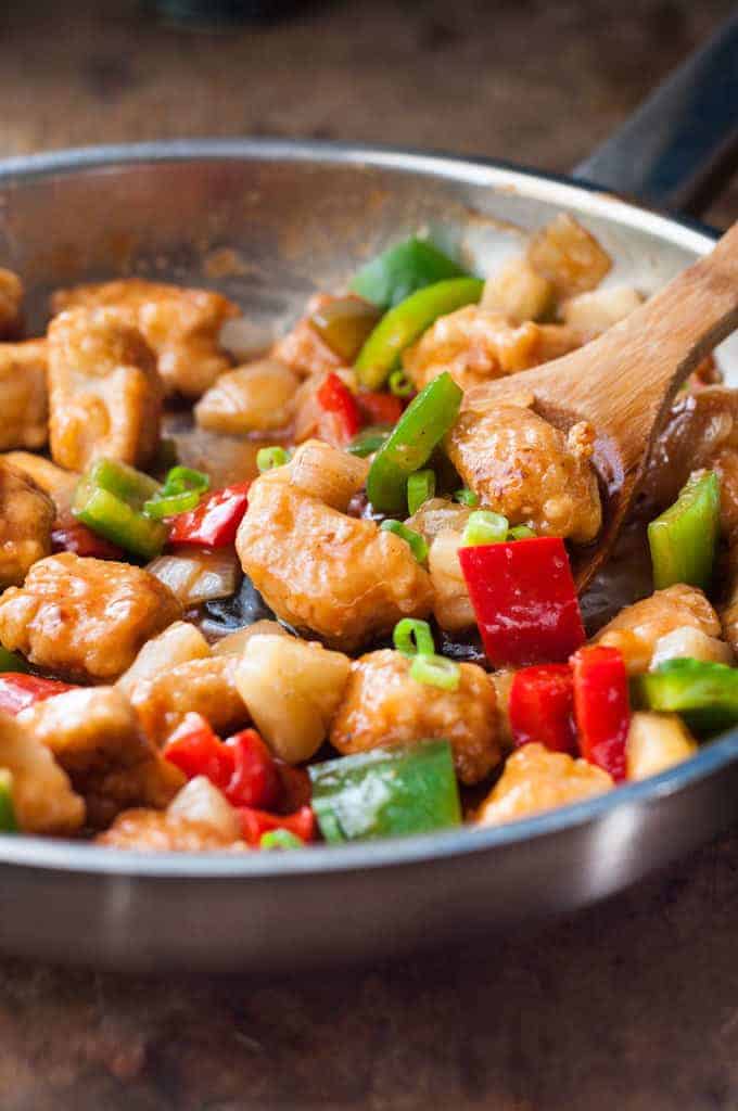 Closeup of pan of Baked Sweet and Sour Chicken