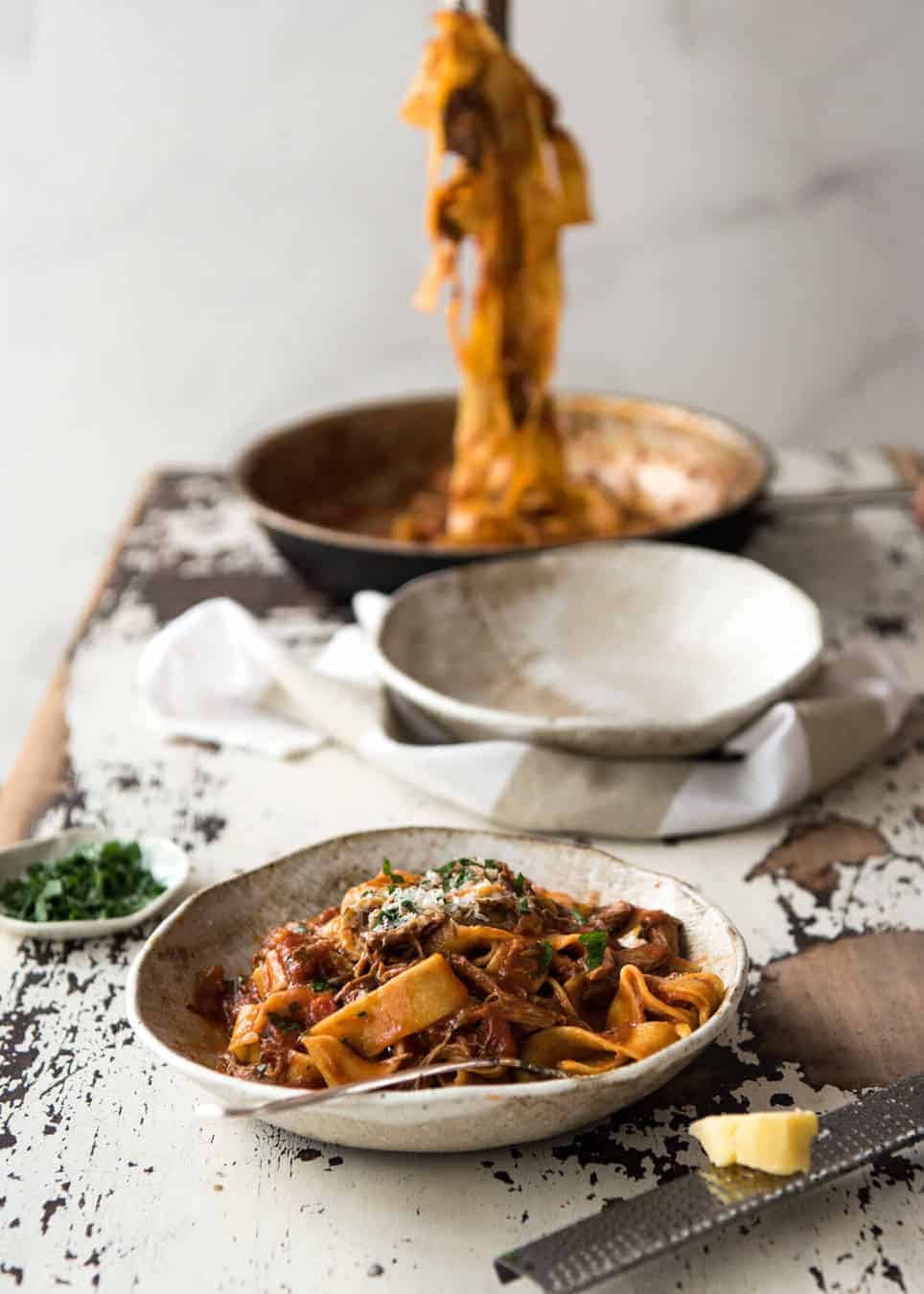 Rich, slow cooked Shredded Beef Ragu Sauce with pappardelle pasta. Stunning Italian comfort food at its best. recipetineats.com
